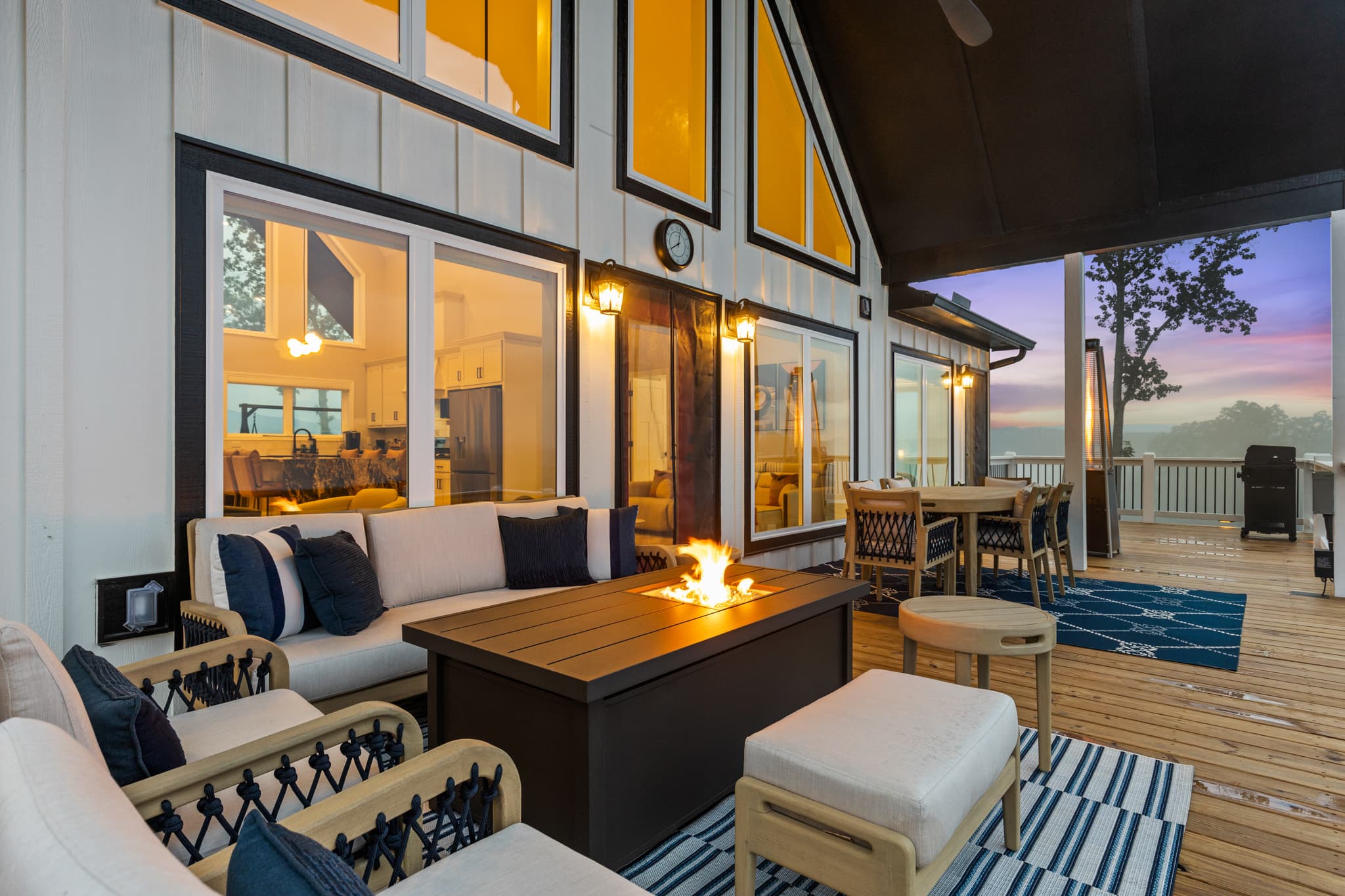 Deck fire pit seating in the evening