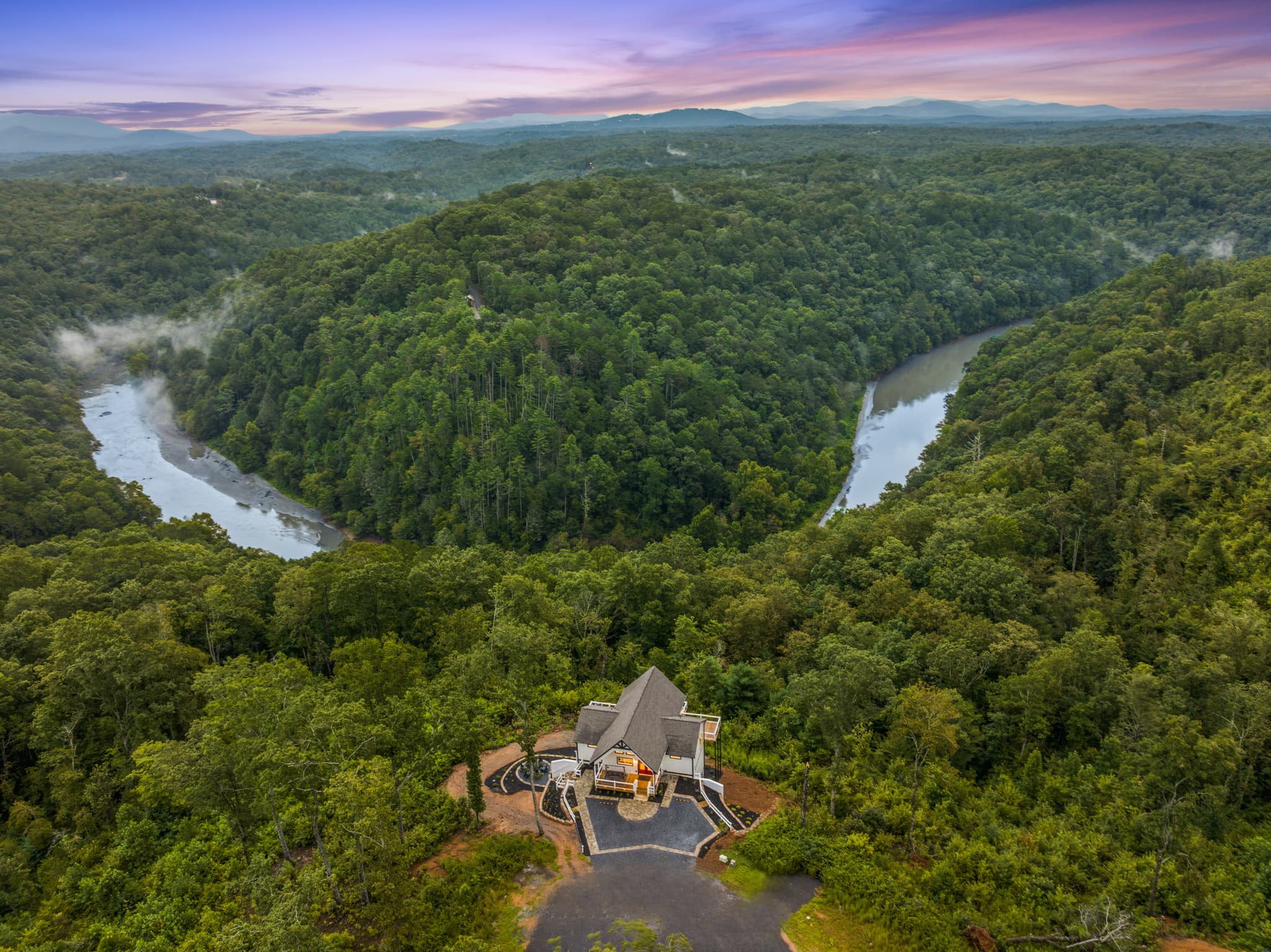 Aerial water and forest view near the cabin
