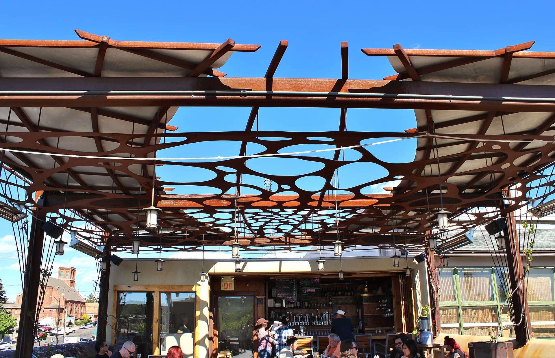Open-air rooftop bar seating