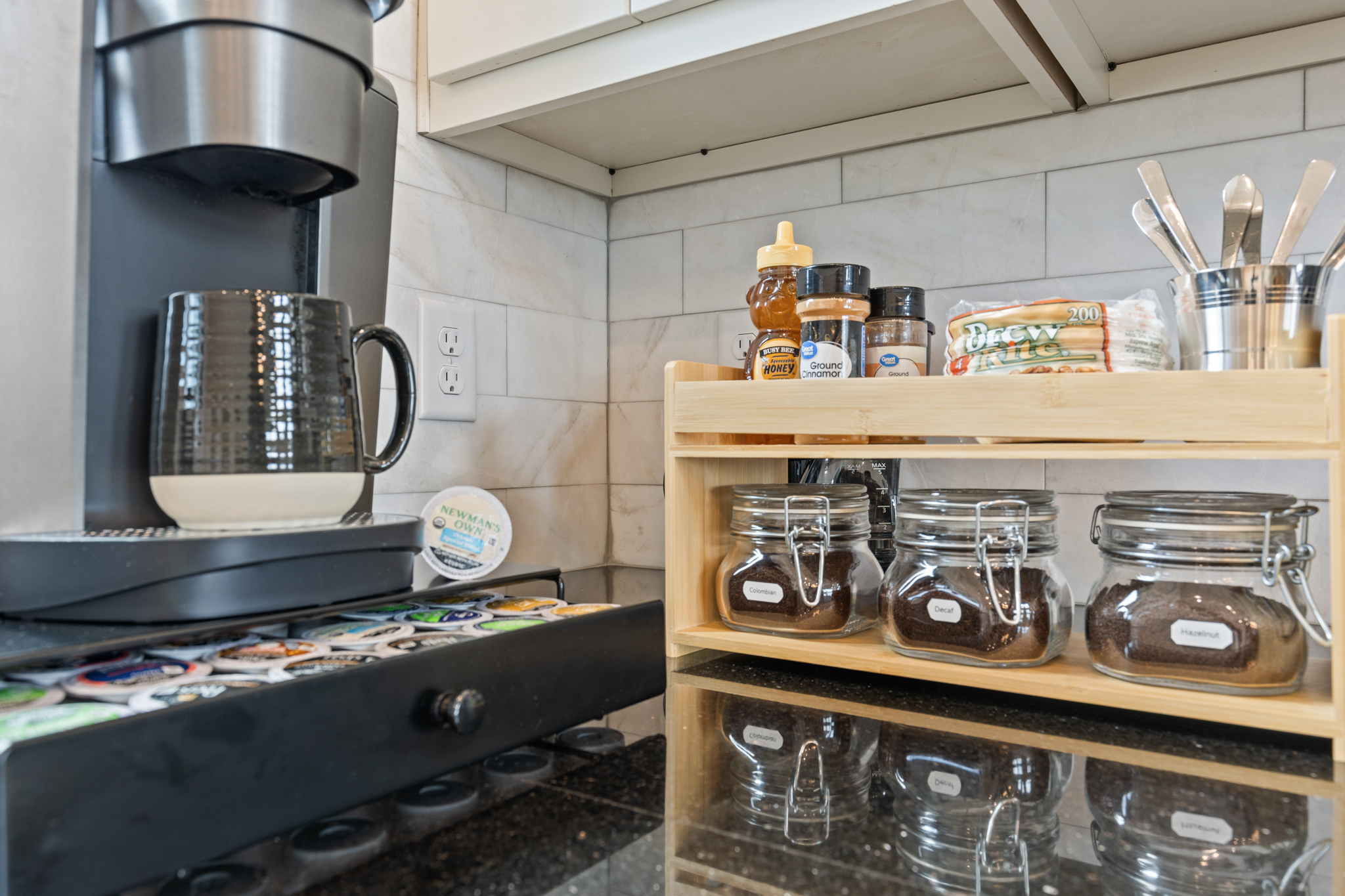 Coffee station with Keurig and supplies