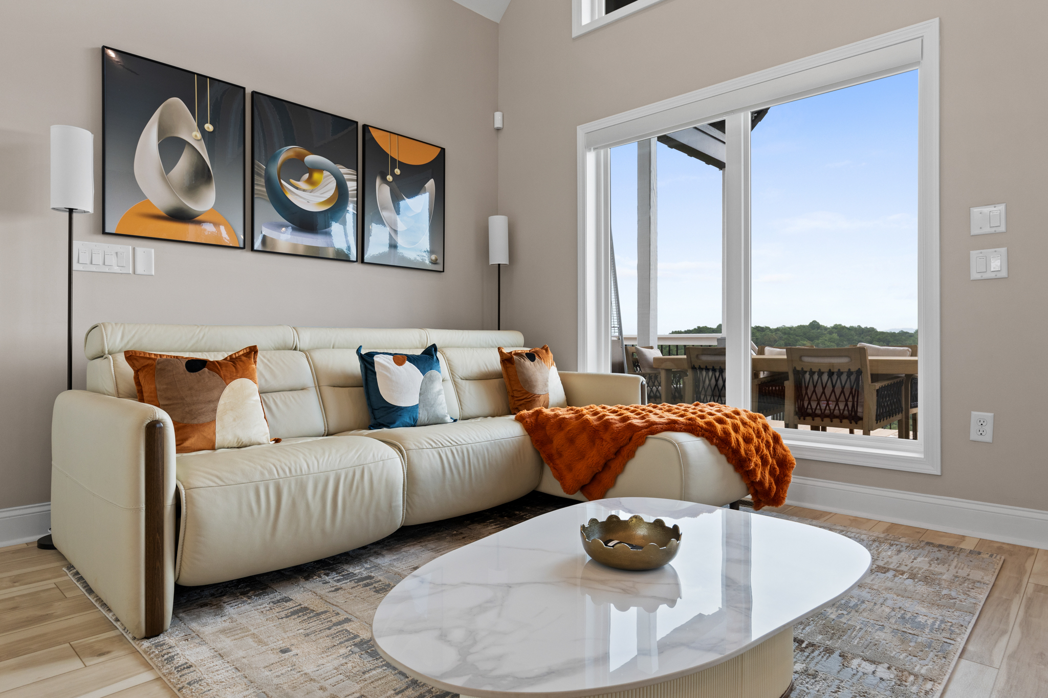 Living room seating with modern abstract art